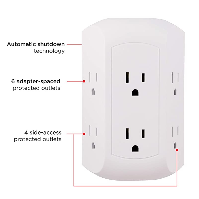 White, Pro 6-Outlet Sur Protector 2 Pack, Spaced Wall Tap, Side-Access, 3-Prong Power Strip, Charging Station, 560 Joules, UL Listed, 47847, 2 Count