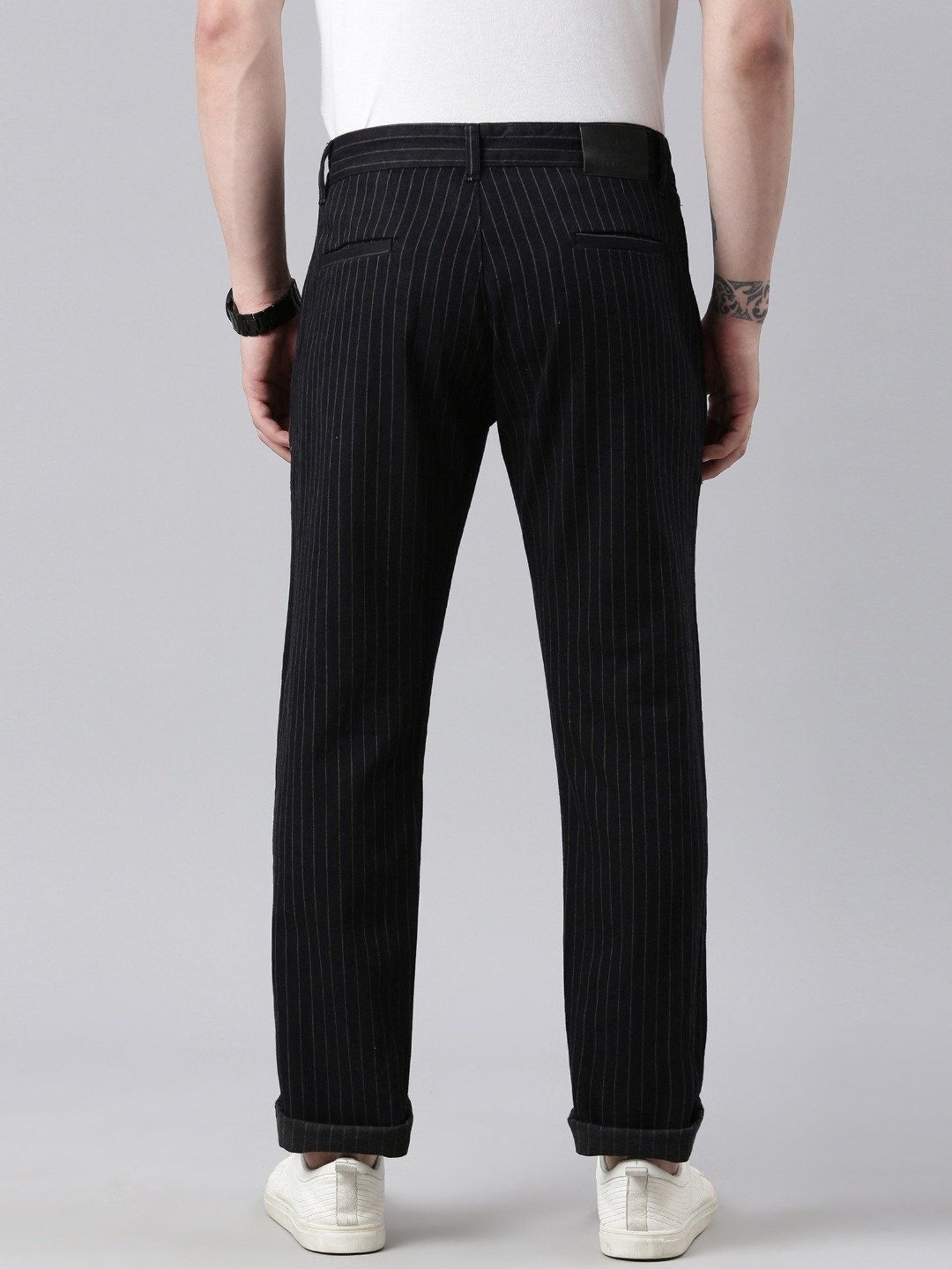 CINOCCI Black Cotton Straight Fit Striped Trousers