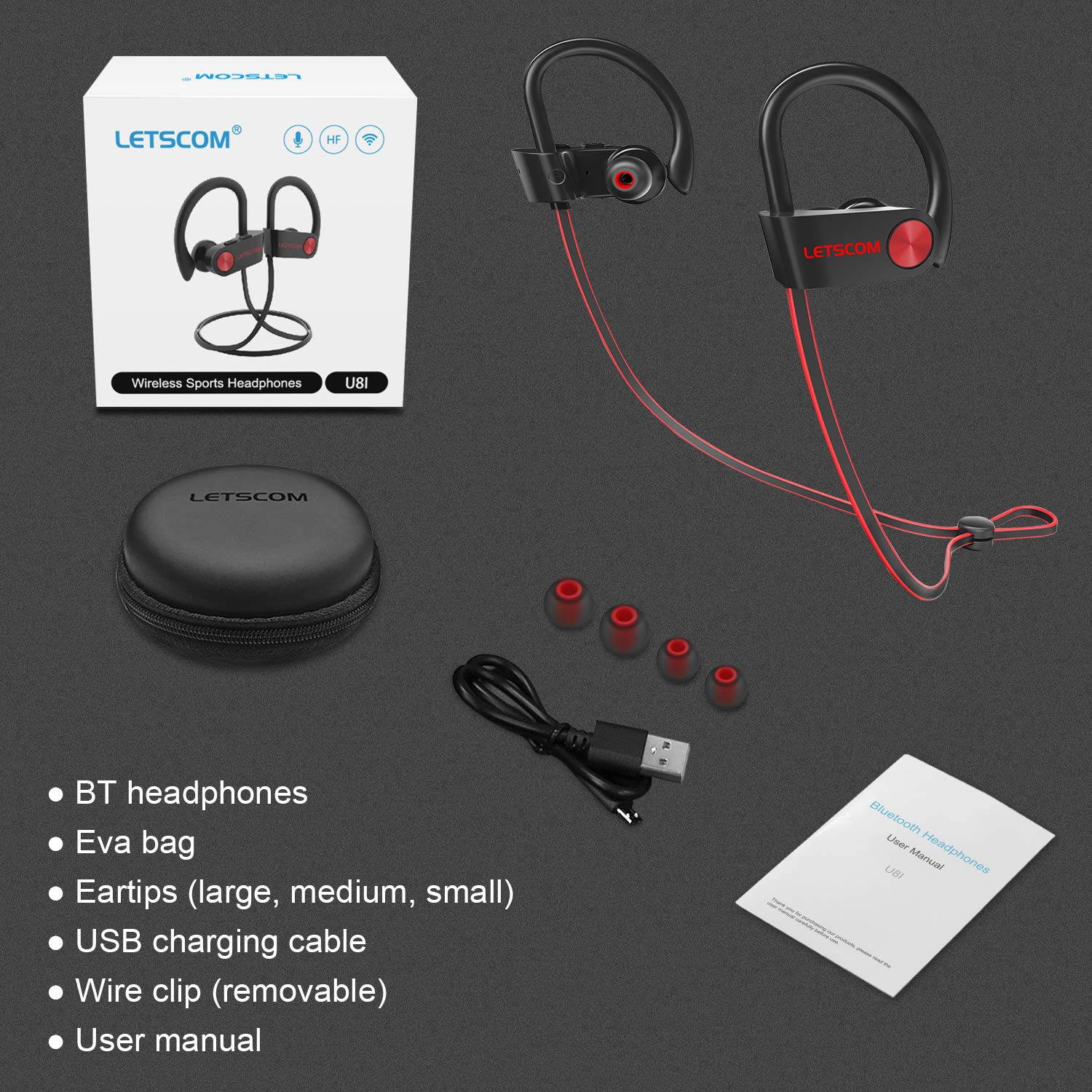 Bluetooth Headphones IPX7 Waterproof, Wireless Sport Earphones, HiFi Bass Stereo Sweatproof Earbuds w/Mic, Noise Cancelling Headset for Workout, Running, Gym, 8 Hours Play Time