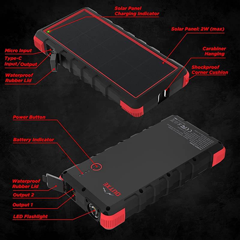 Quick Charge  24000mAh Rugged Solar Charger with Flashlight Dual Input Type C Micro USB SunPower Solar Panel Charger
