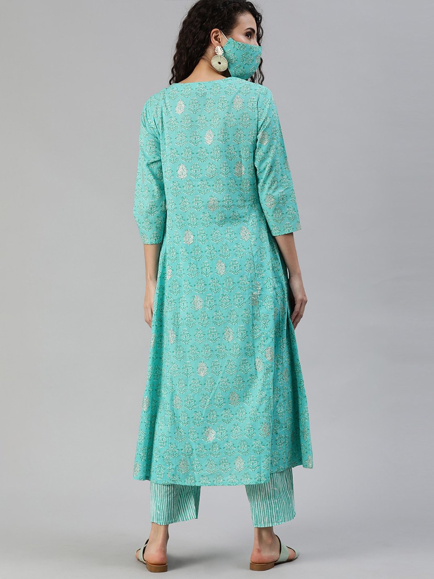 Ishin Blue Cotton Printed Kurta Pant Set With Mask