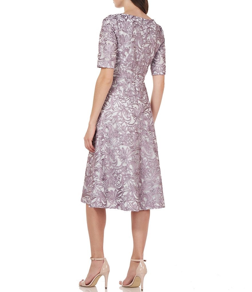 JS Collections Hazel Lace Fit & Flare Short Sleeve V-Neck Midi Dress