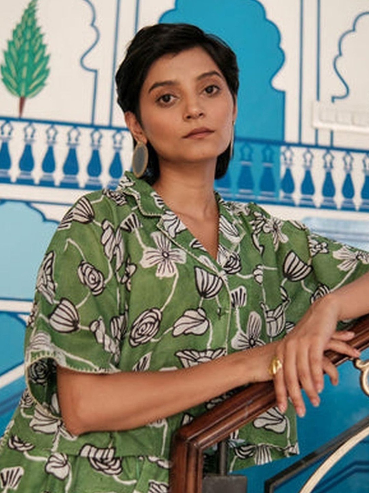 Khajoor Studio Fern Green Bageecha Botanical Vine Boxy Resort Shirt