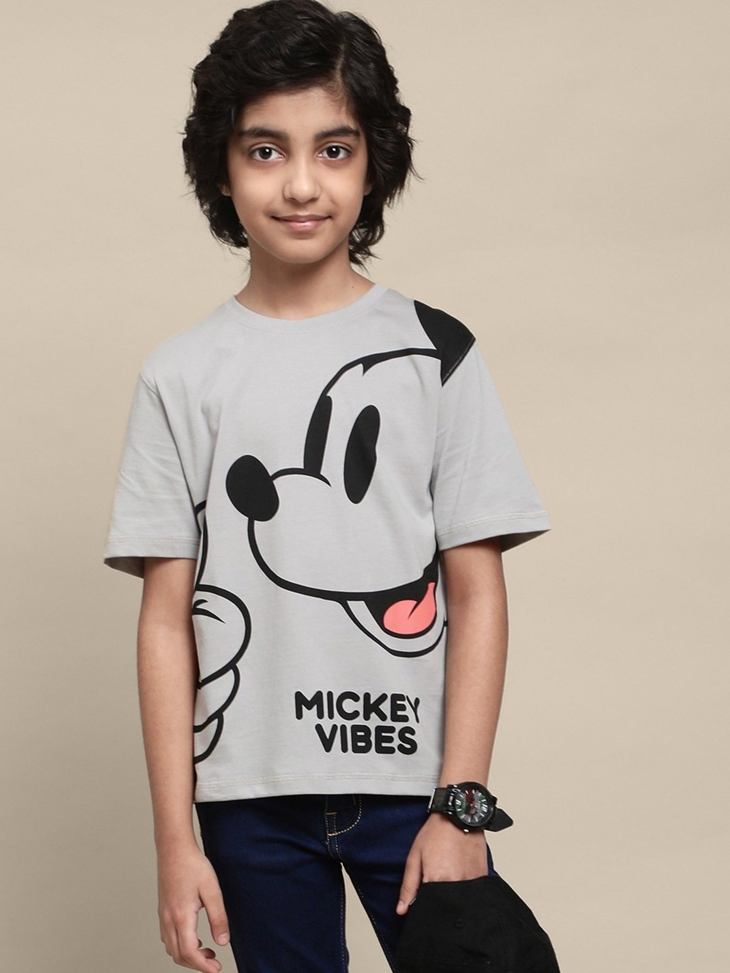 Boysville Grey & Black Cotton Printed Mickey T-Shirt