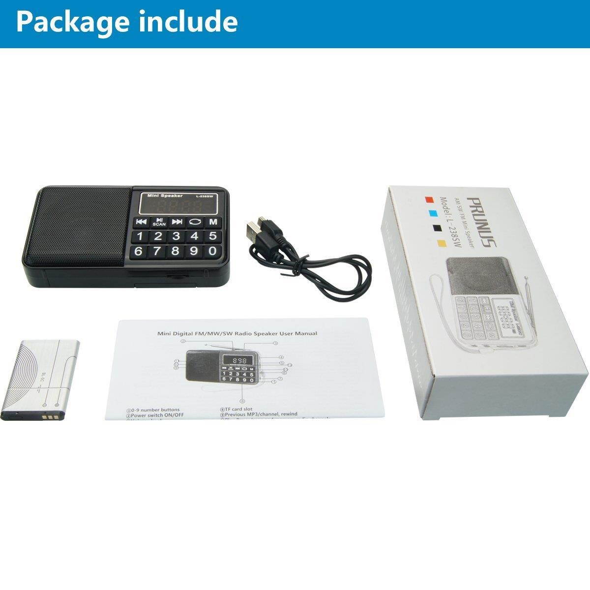 PRUNUS Portable Radio SW/FM/AM(MW)/MP3/USB/SD/TF Rechargeable with Neodymium Speaker. Large Button and Large Display. Stores Stations Automatically. (NO Manual Memory/Delete Stations Function)