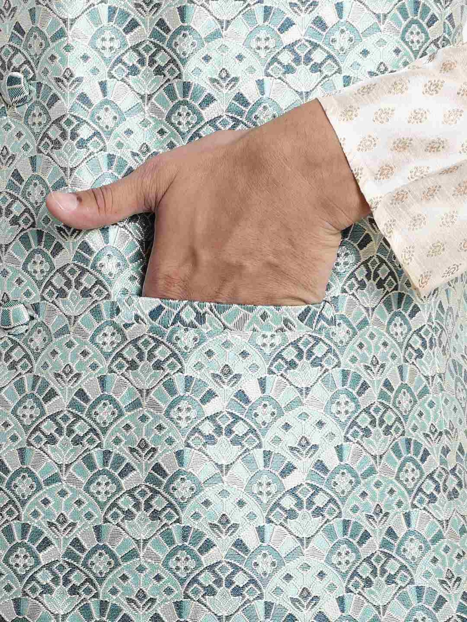 Sojanya Teal Regular Fit Self Pattern Nehru Jacket