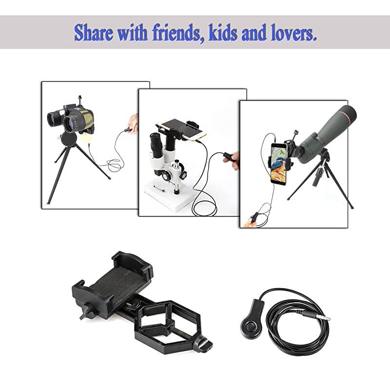 Cell Phone Adapter Mount + Wire Shutter Universal Smartphone Quick Photography Connector with Shutter Wire Control for Telescope Binoculars Monocular Spotting Scope Microscope Tripod