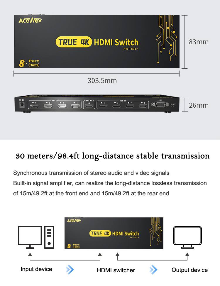 8 In 1 Out 4K 60HZ HDMI Switch 8x1 4096x2160/3840x2160@60HZ 4:4:4 HDMI 2.0 Switcher Audio Video Converter for PS3 PS4 XBOX DVD PC To TV HDTV Monitor or Projector with IR Remote Control