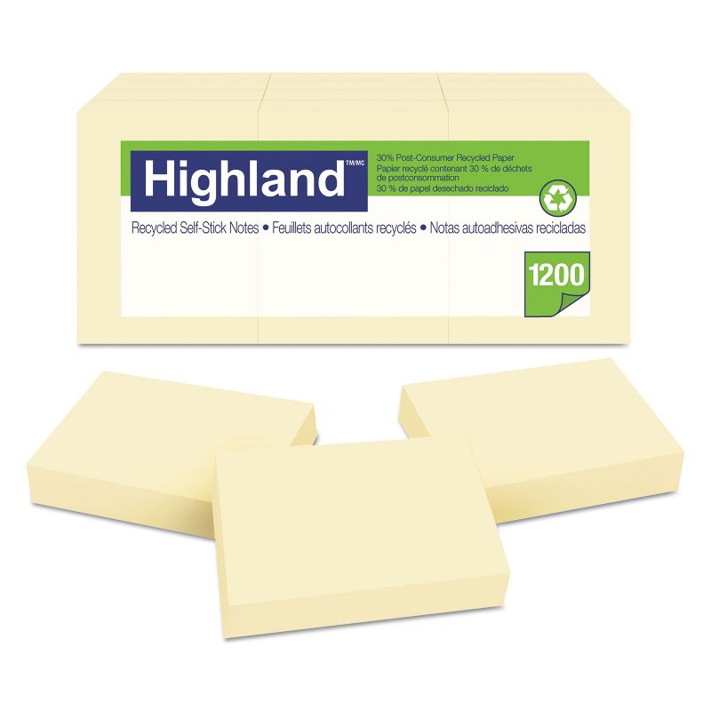 Highland Recycled Self-Stick Notes 1 3/8 x 1 7/8 Yellow 100 Sheets/Pad 12 Pads/Pack 6539RP