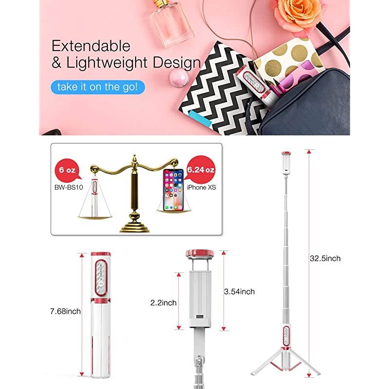 Selfie Stick Tripod  Lightweight Aluminum All in One Extendable Bluetooth Selfie Stick Tripod with Remote for iPhone 1111 ProXS MAXXRXSX88 Plus7 Galaxy S10S9 MoreWhite amp Pink