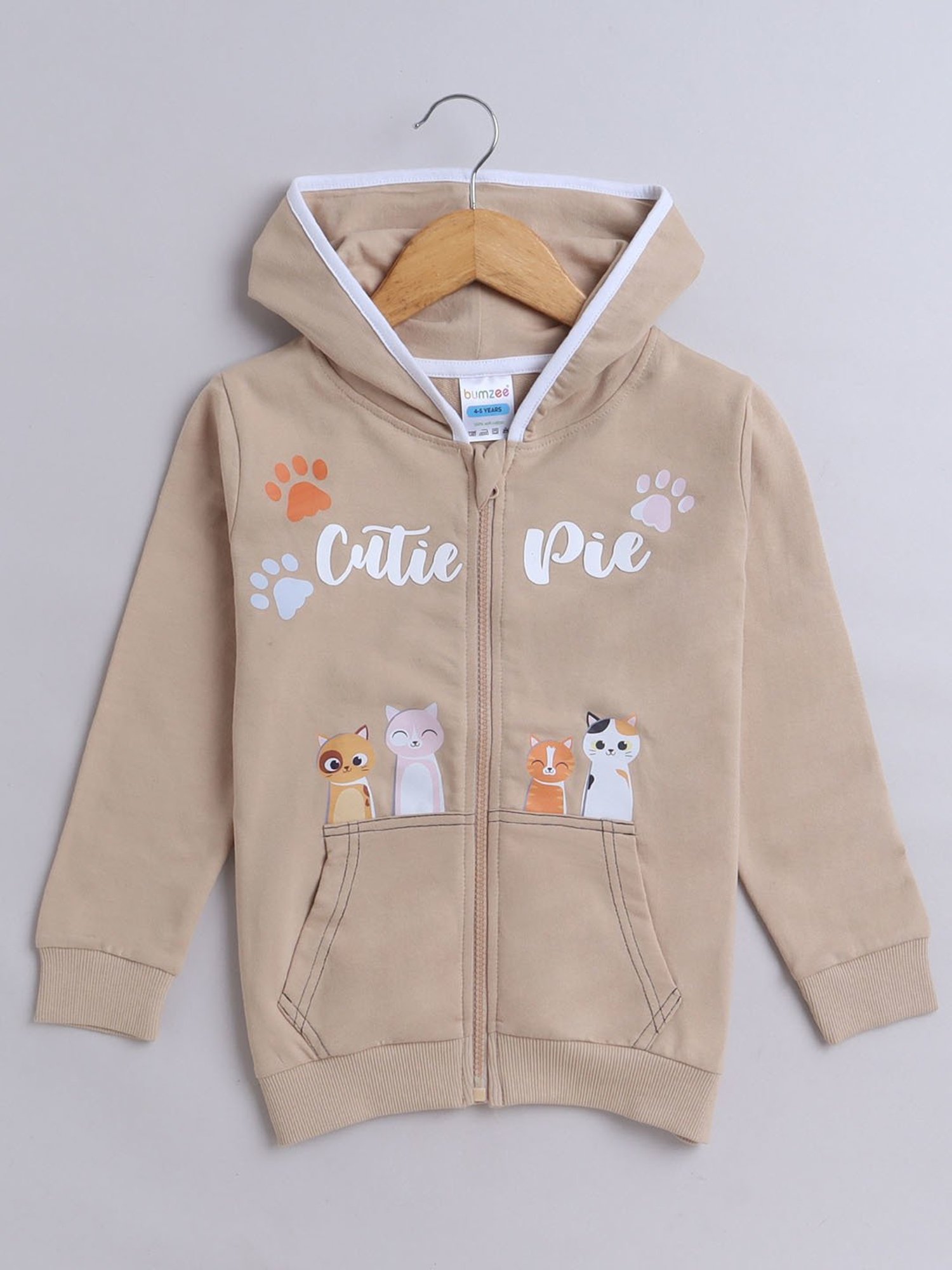 BUMZEE Beige Girls  Full Sleeves Cotton Hooded Zipper Sweatshirt Age - 2-3 Years