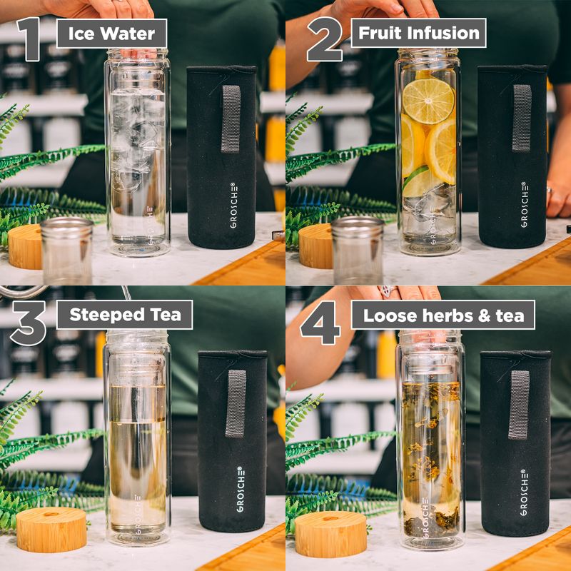 GROSCHE COPENHAGEN Double Walled Glass Tea Infuser Water Bottle, Insulated Bottle with Protective Sleeve, 14.3 fl oz. Capacity  