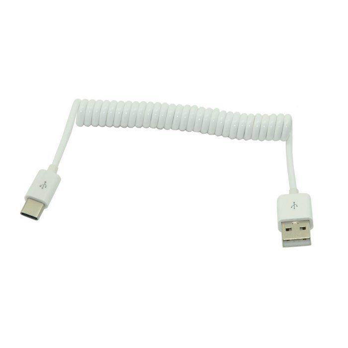 USB 2.0 Type-A Male to USB Type-C USB-C Male Stretch Spring Coiled Cord Data & Power Charge Cable for Phone Tablet White 1m