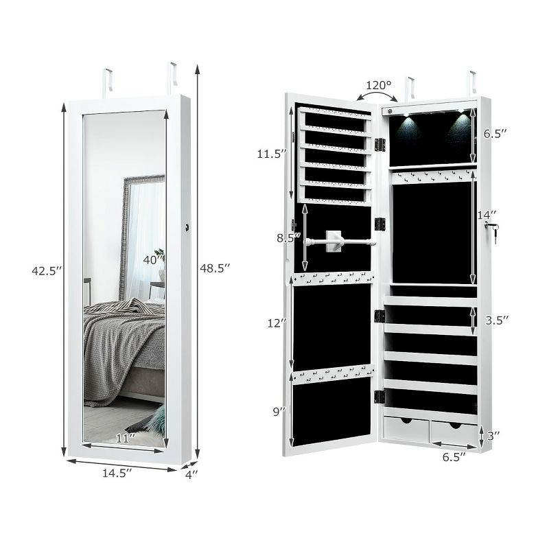 Costway Wall Mount Mirrored Jewelry Cabinet Organizer LED Lights