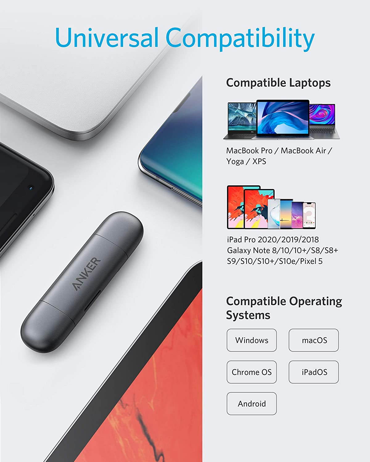 Anker USB-C and USB 3.0 SD Card Reader, PowerExpand+ 2-in-1 Memory Card Reader with Dual Connectors, for SDXC, SDHC, SD, MMC, RS-MMC, Micro SDXC, Micro SD, Micro SDHC Card, and UHS-I Cards