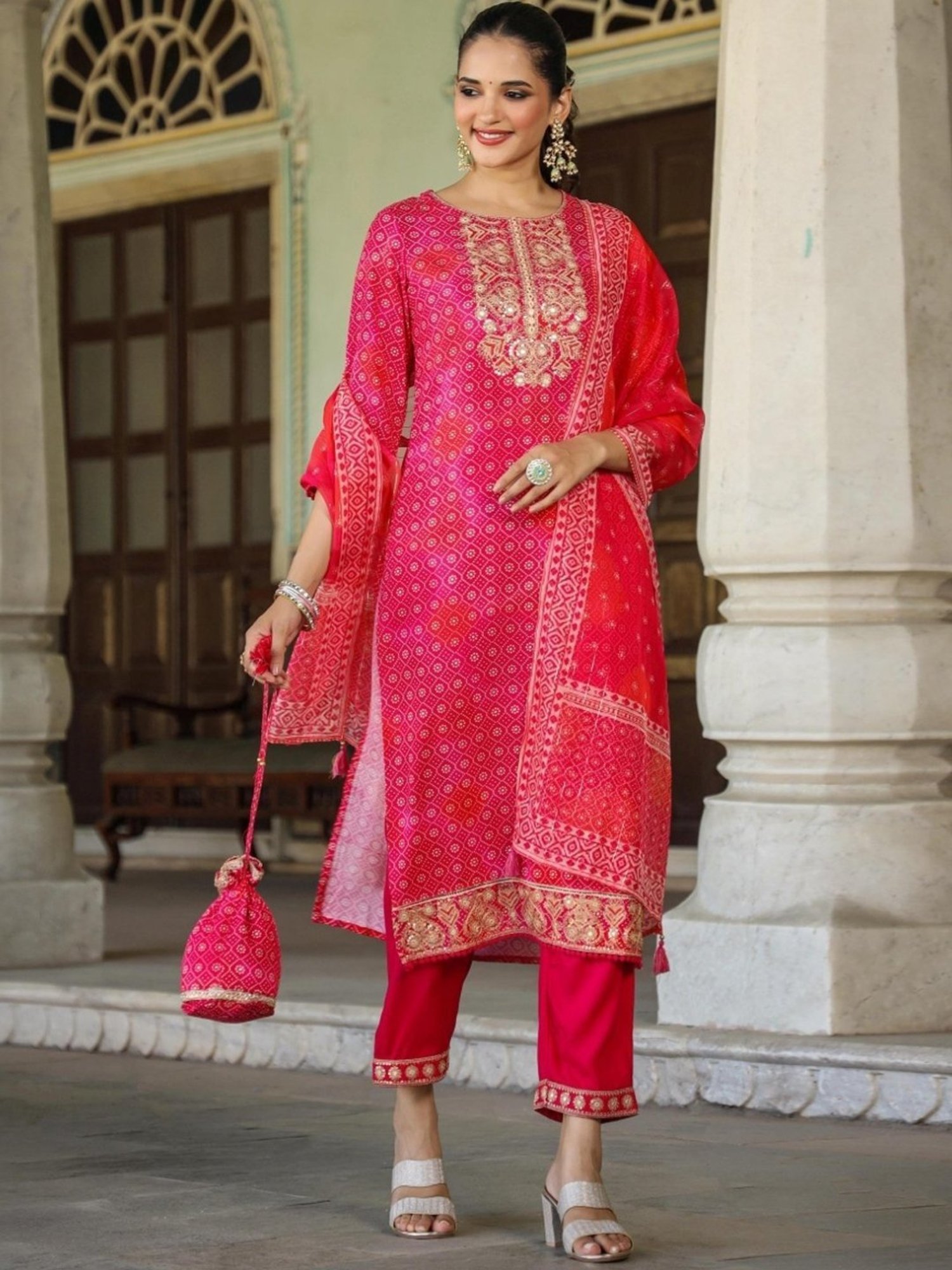 Scakhi Pink German Rayon Bandhani Print Kurta with Palazzo and Dupatta With Potli