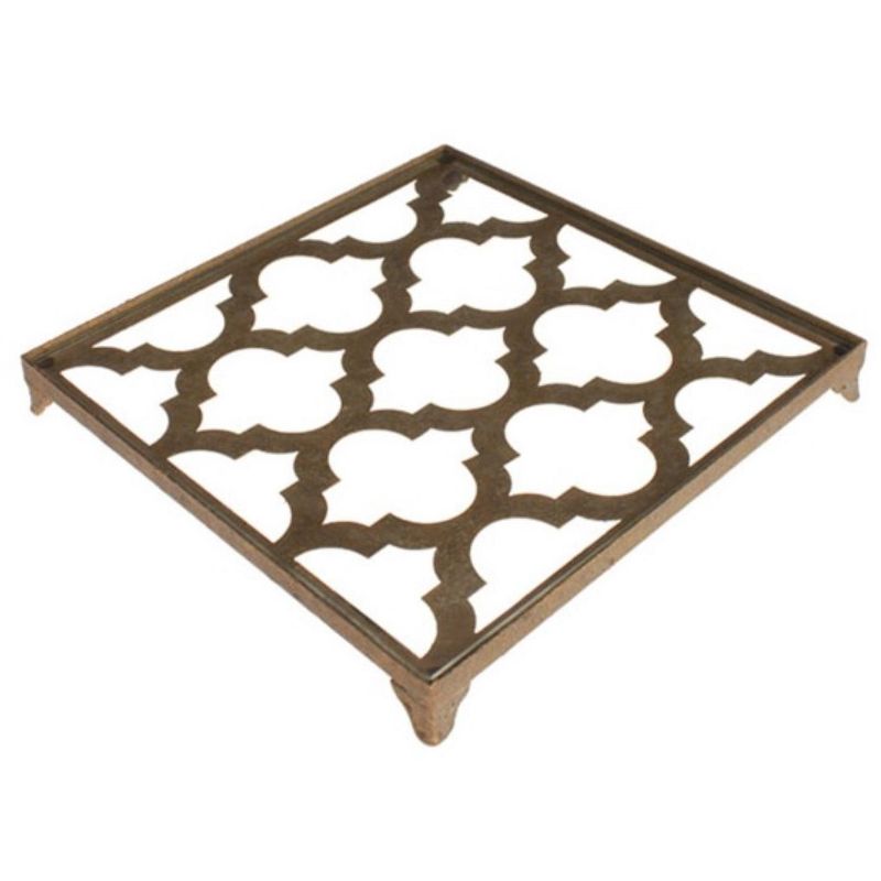 Raz Imports 13" Quatrefoil Design Glass Top Serving Tray - Gold/Brown