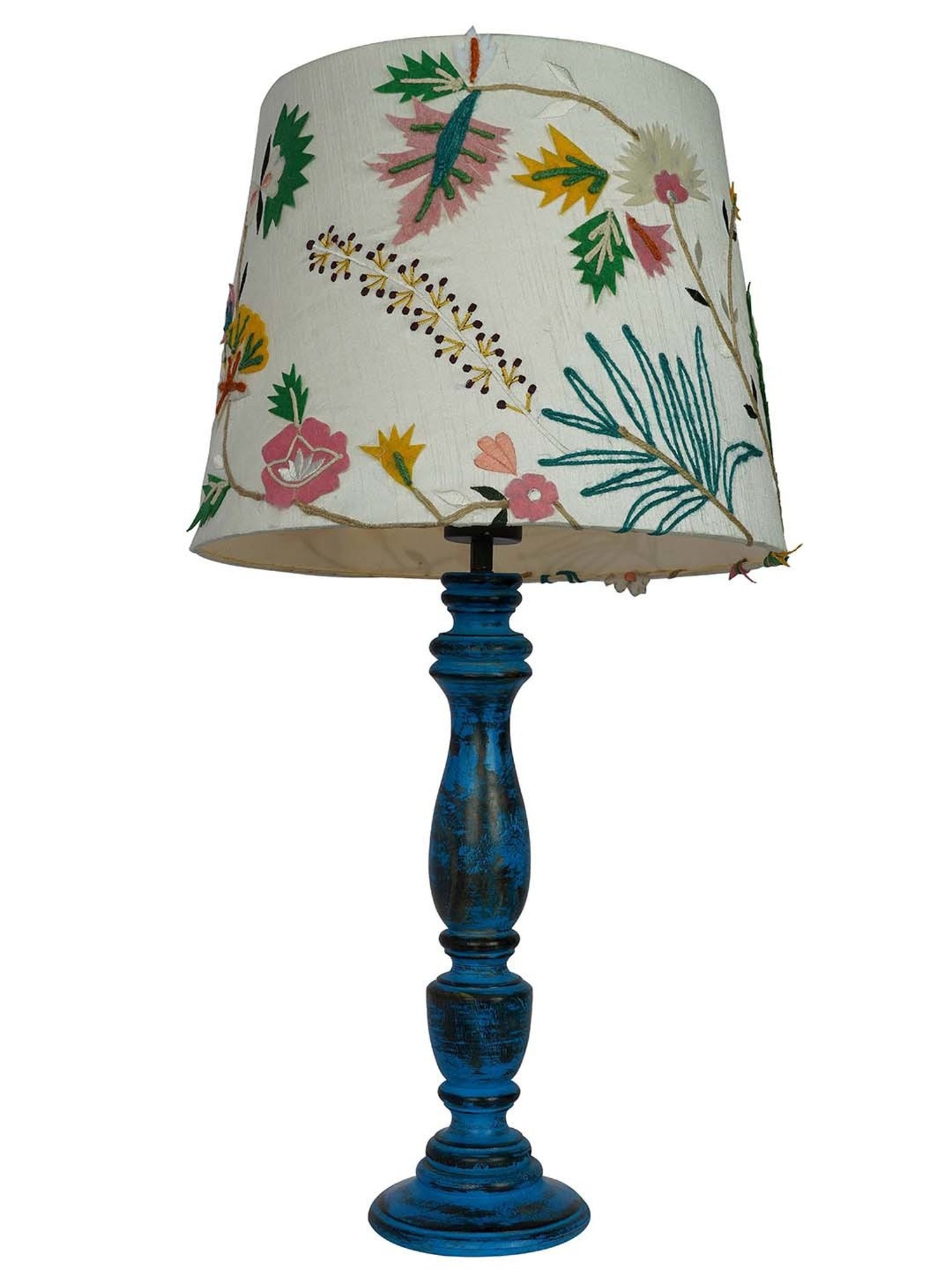 FOS LIGHTING Distressed White & Blue Wood Table Lamp With Fabric Shade