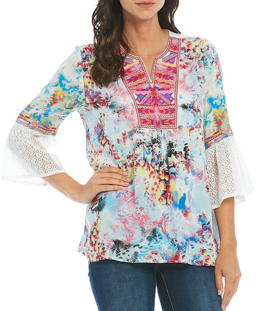 Calessa Petite Size Tie Dye Embroidered Neck Bell Sleeve Tunic