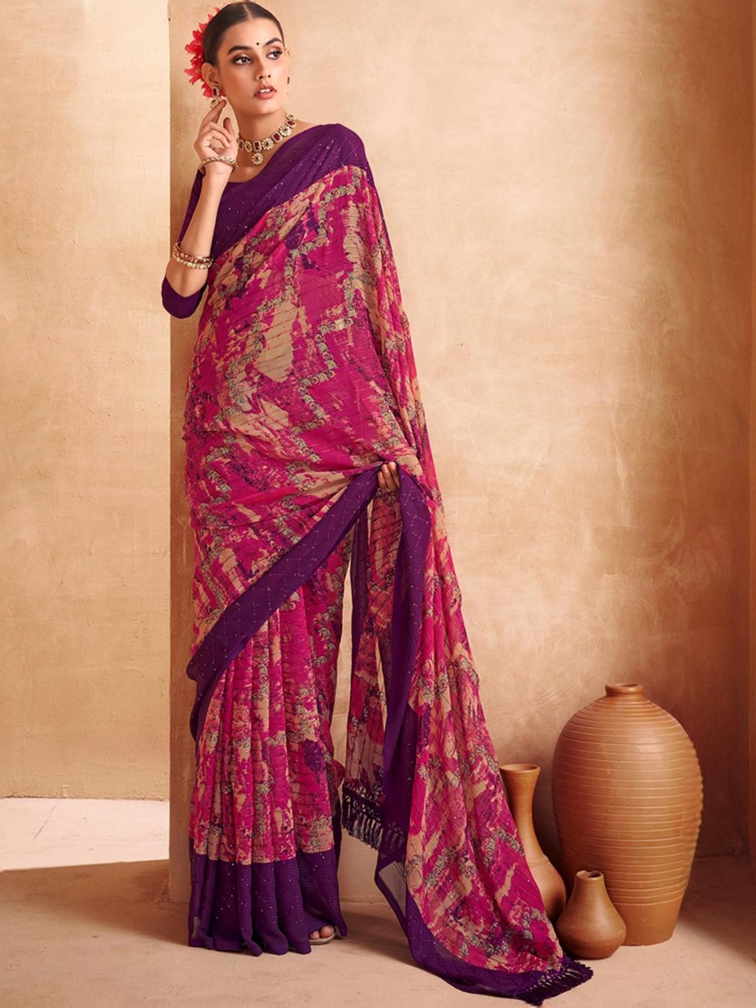Satrani Pink Printed Saree With Unstitched Blouse