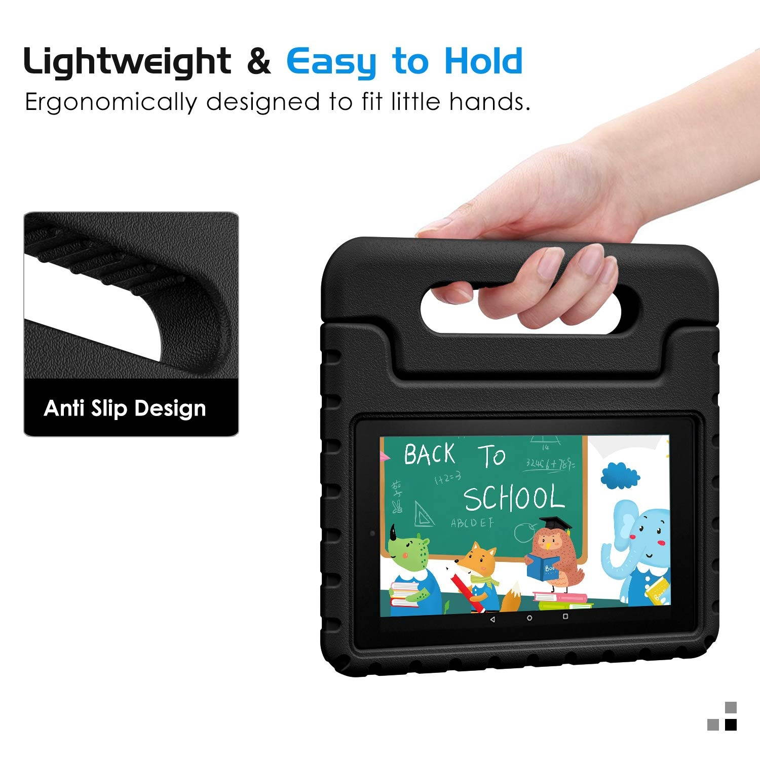 MoKo Kids Case Fits All-New Amazon Kindle Fire 7 Tablet (9th Generation, 2019 Release), Durable EVA Kid-Friendly Shock Proof Portable Handle Protective Stand Cover - Black