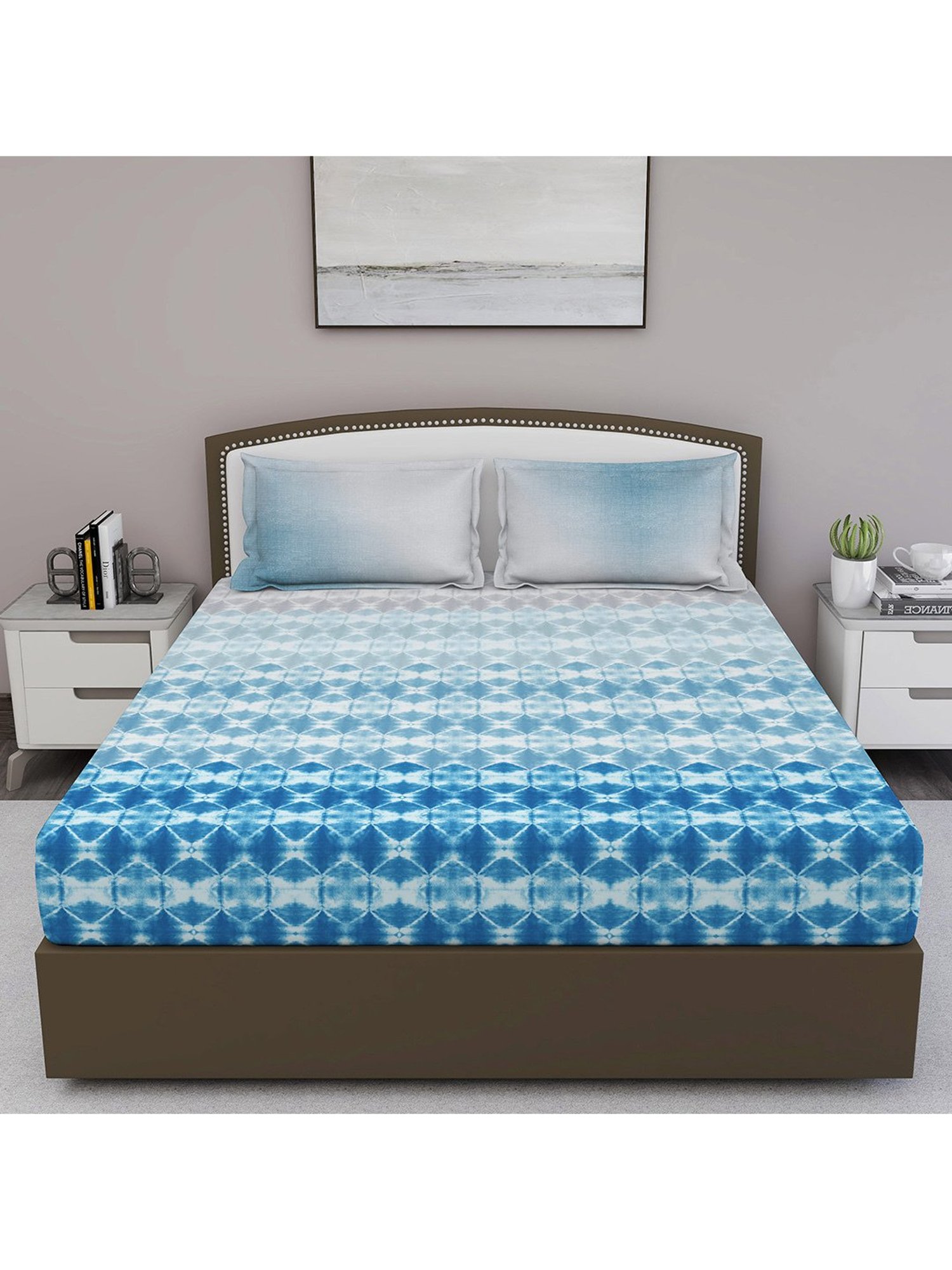 GM 'Serene' Blue Cotton 210 TC Double Bedsheet with 2 Pillow Covers