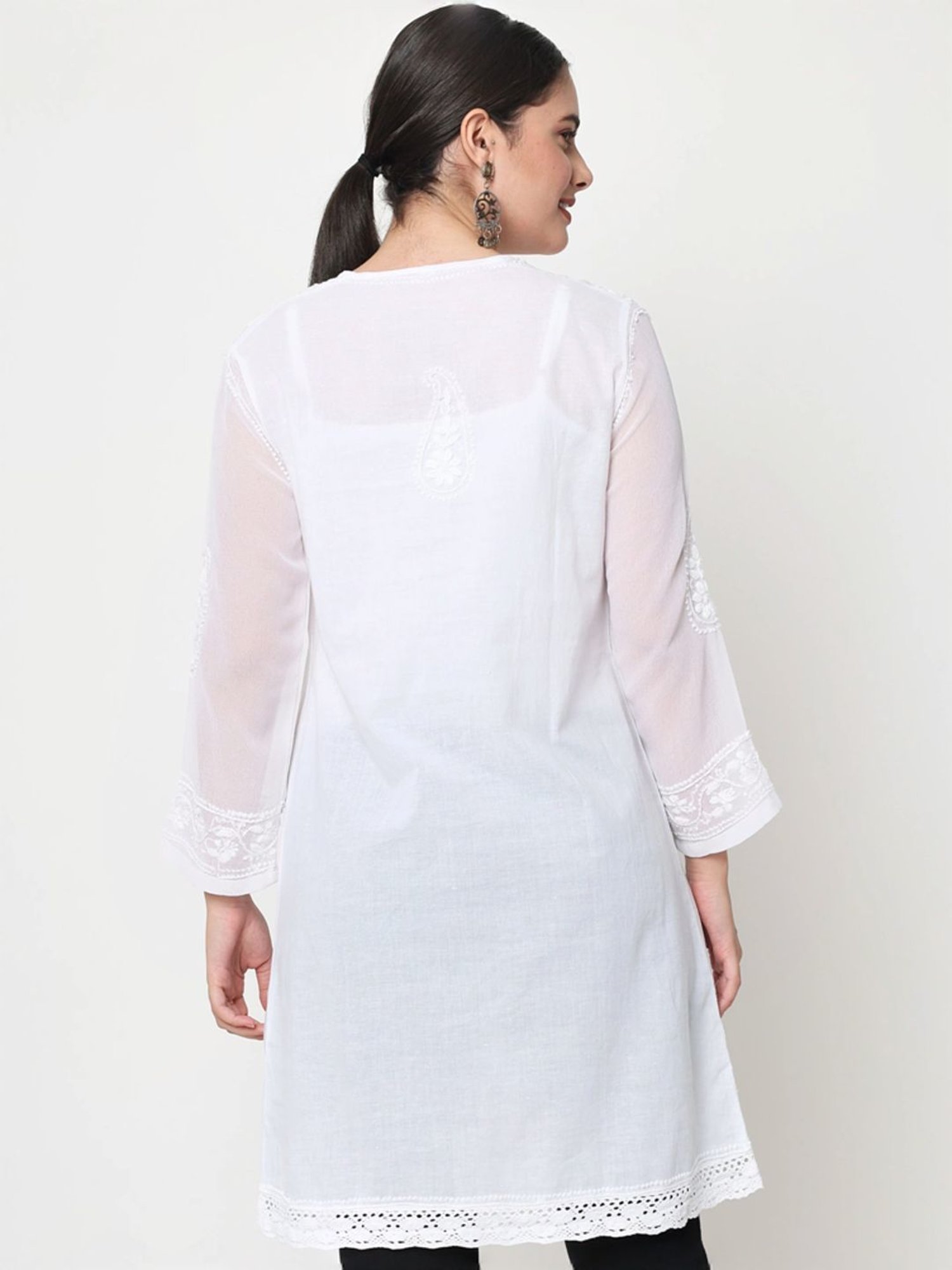 PARAMOUNT CHIKAN White Cotton Hand Embroidered Chikankari A Line Kurti