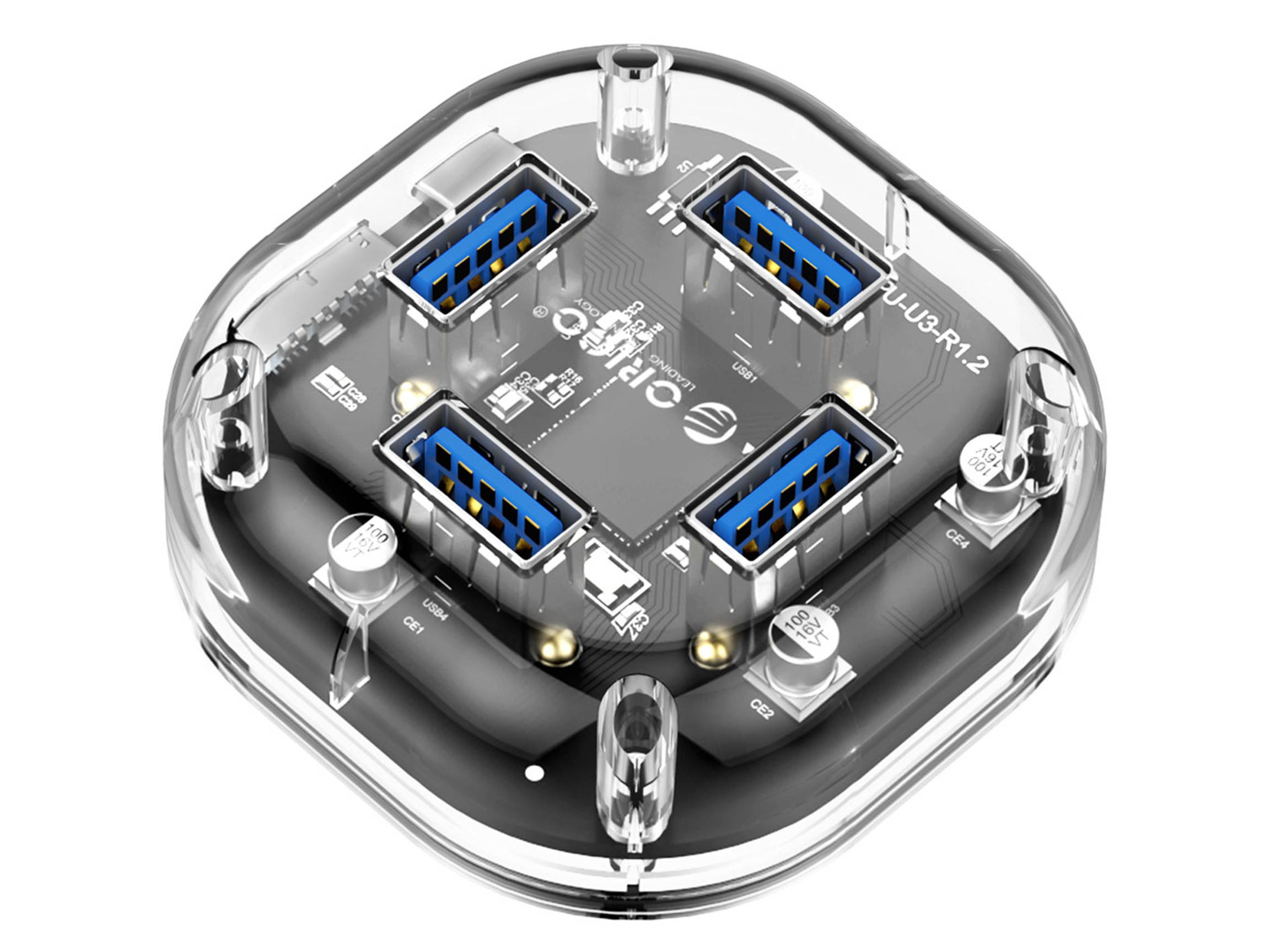 4 Port USB3.0 HUB, ORICO Transparent HUB 4 Port USB3.0 Super Speed with Reserced Micro USB3.0 External 5V Power Supply Support OTG Function 100cm USB Cable Optimised  for PC Windows Linux Mac OS