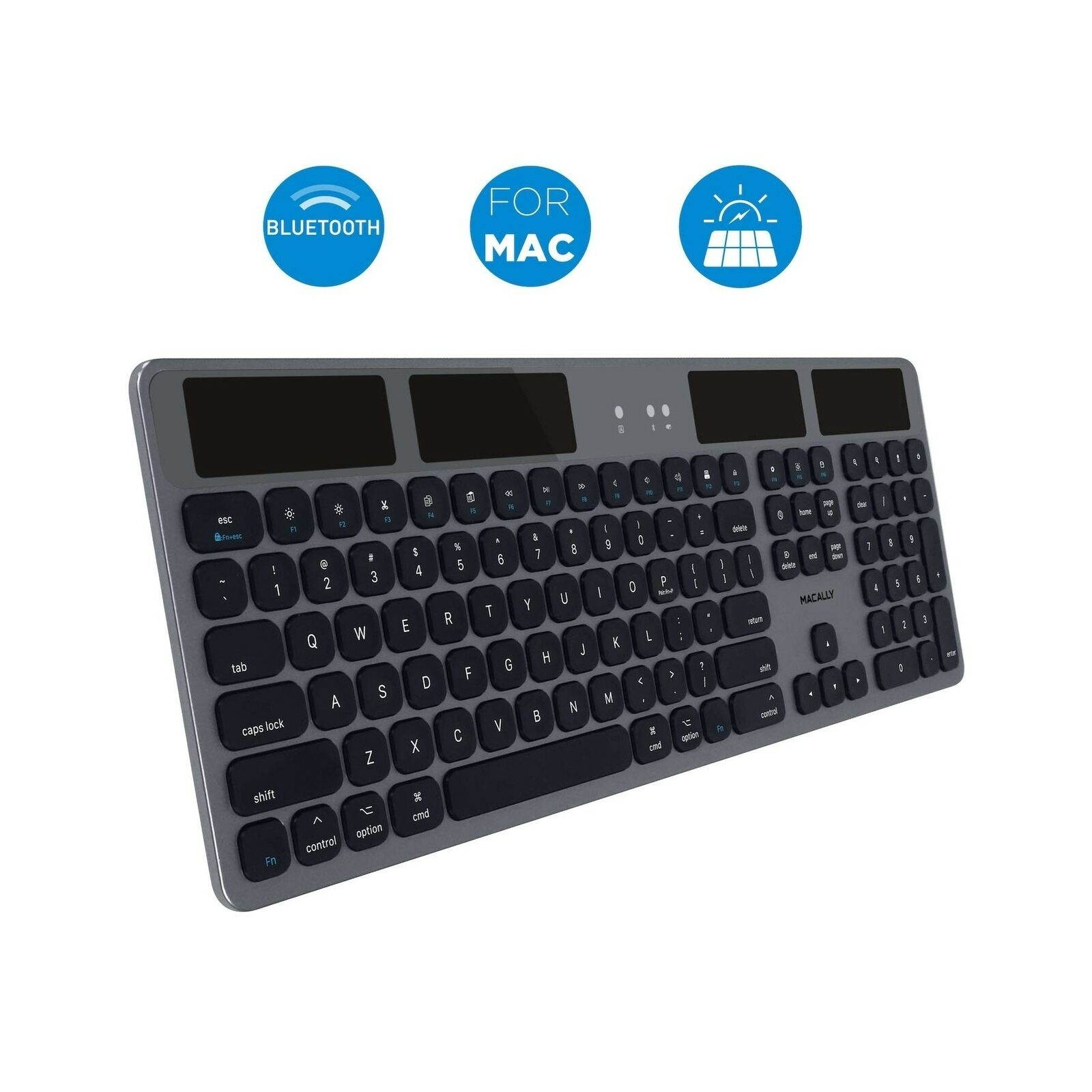 Macally Bluetooth Wireless Solar Keyboard for Mac Mini/Pro, iMac Desktop Computers & Apple MacBook Pro/Air Laptops | Rechargeable Via Any Light Source | Caps Lock/Battery Indicators - Space gray