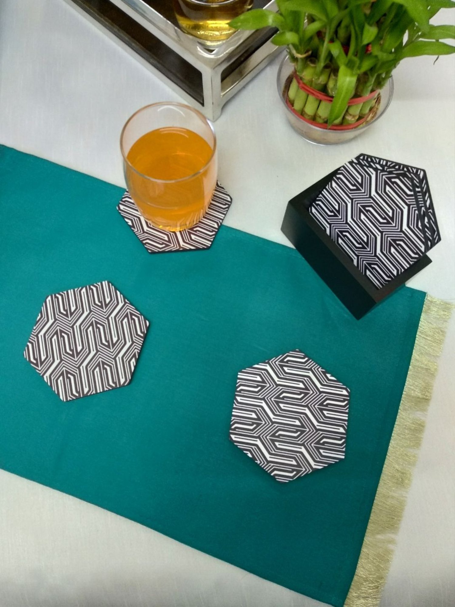 Crayton Hexagon Black & White MDF Coaster - Set of 4