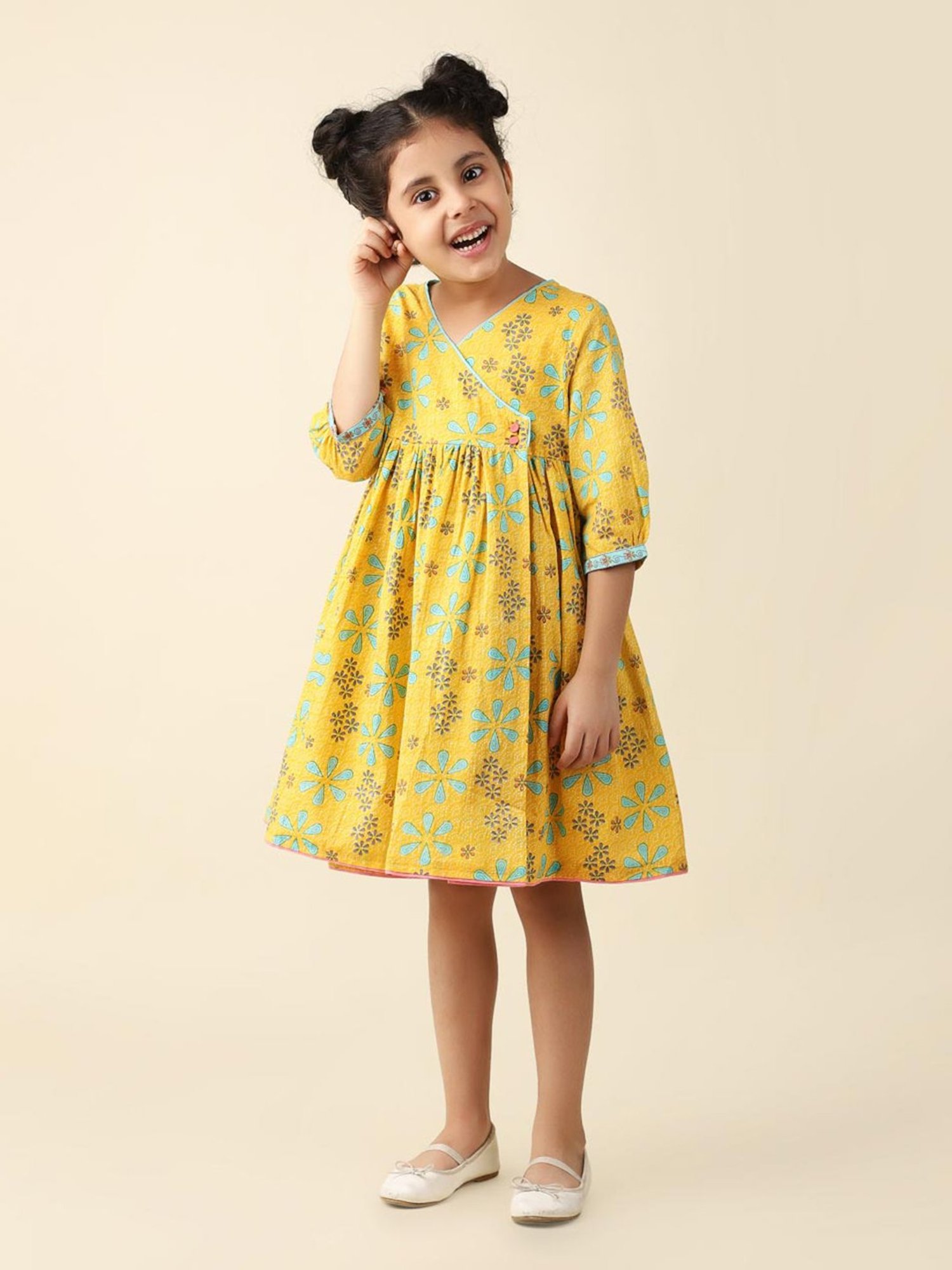 Fabindia Kids Yellow Floral Print Dress