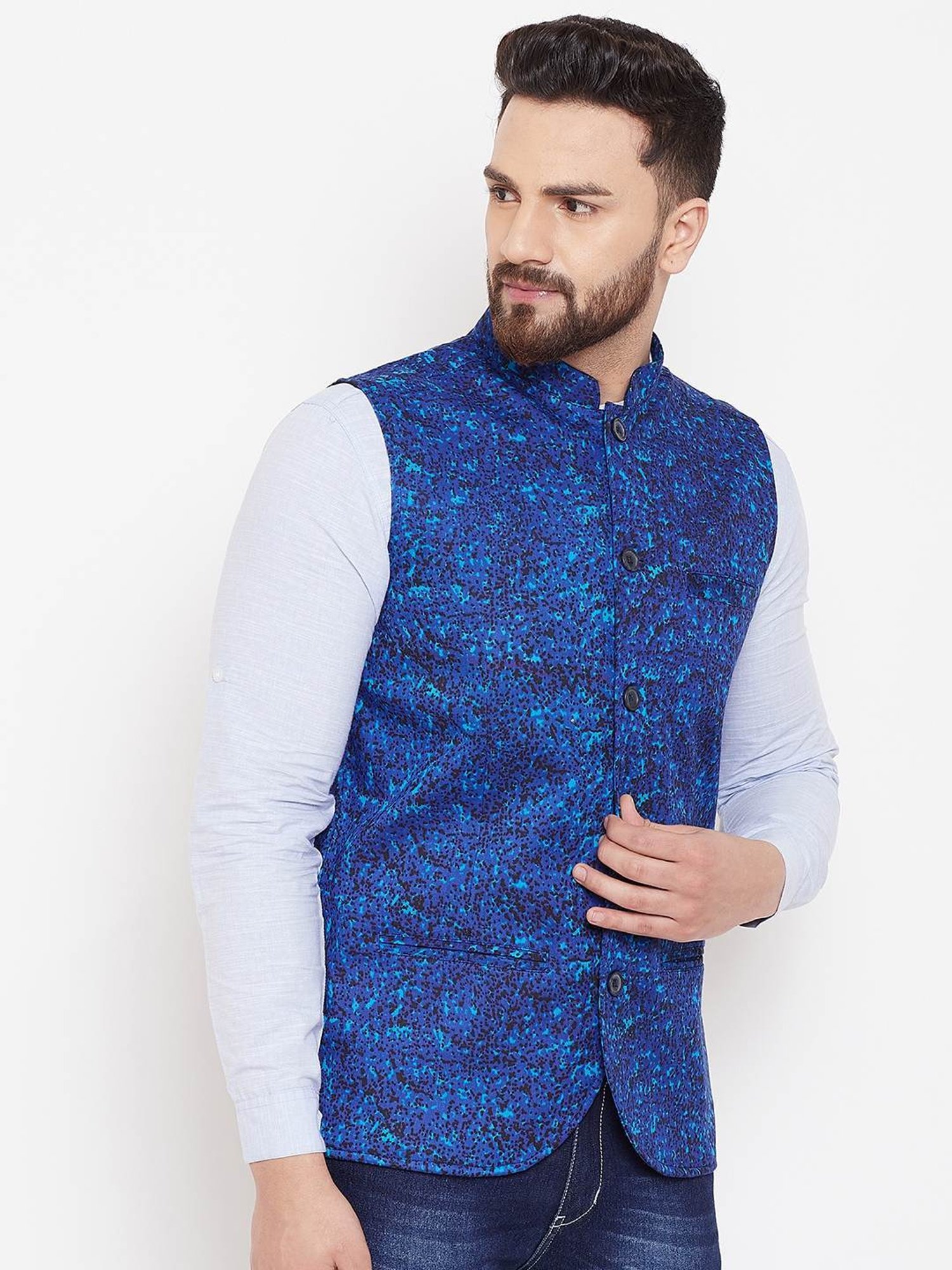 Even Blue Regular Fit Printed Nehru Jacket