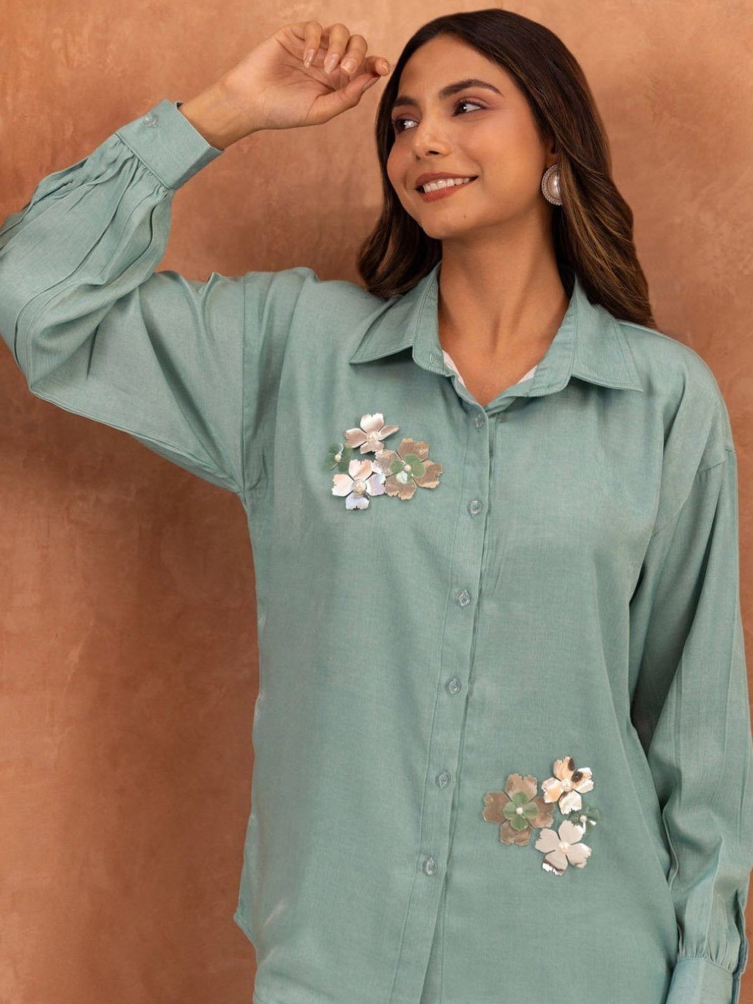 BInfinite Teal Ivory Embellished Shirt