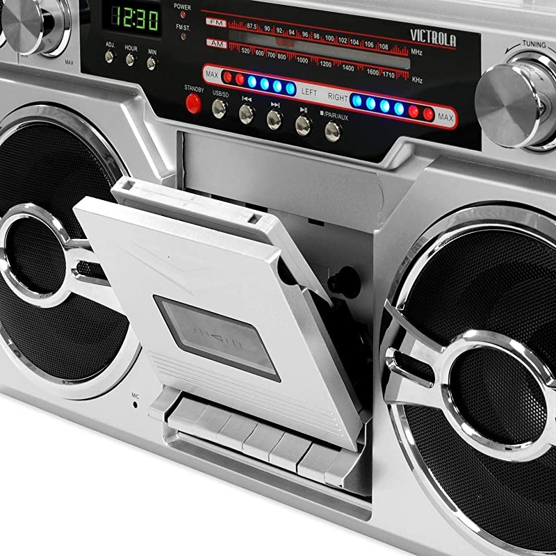 1980s Retro Bluetooth Boombox with Cassette Player and AM/FM Radio, Wired and Wireless Streaming, Classic 80s Style with Modern Technology, Silver