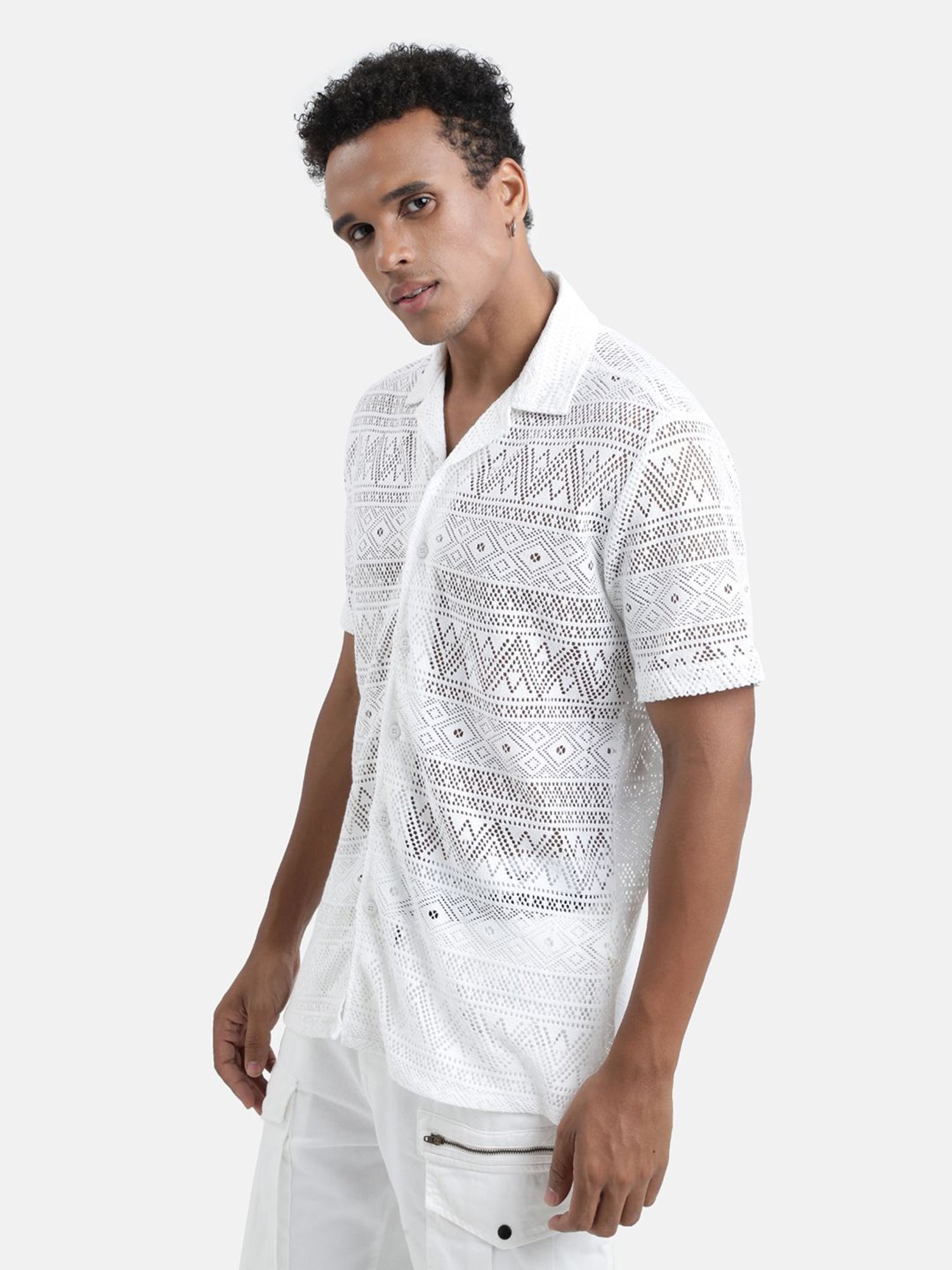 Bene Kleed White Regular Fit Self Pattern Shirt