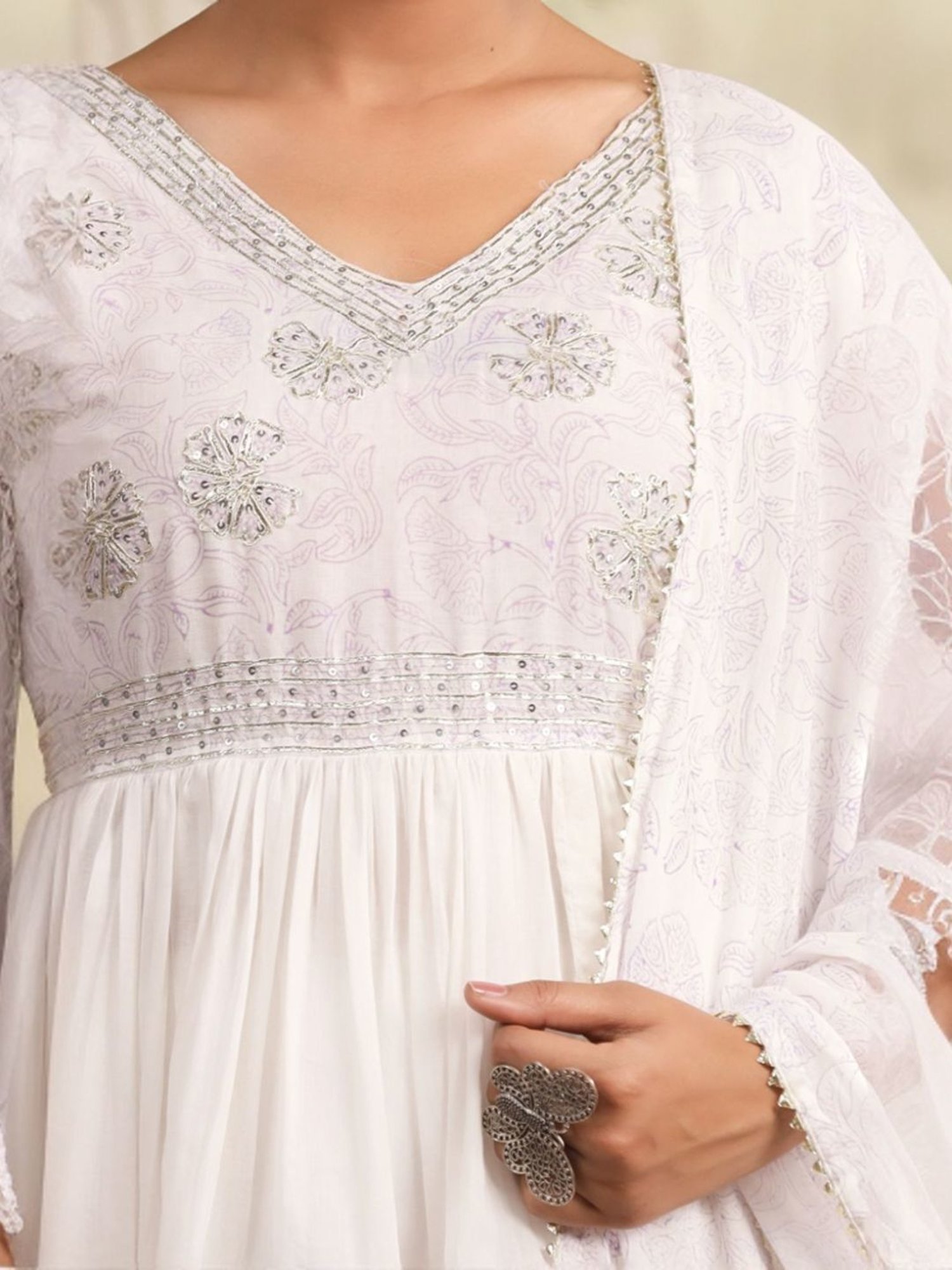 SCAKHI White & Lavender Hand-Block Printed Anarkali Kurta And Pant With Dupatta