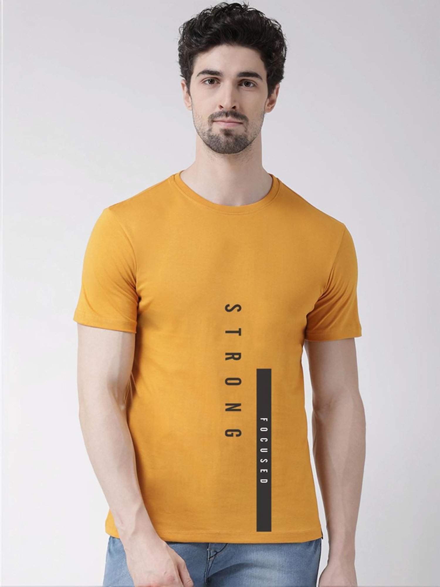 Friskers Mustard Cotton Slim Fit Printed T-Shirt