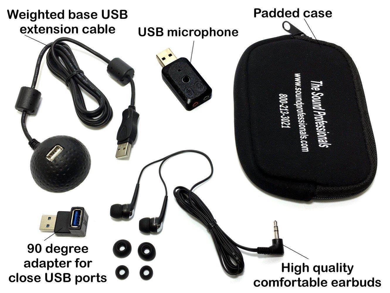 Sound Professionals - USB-MIC-MODEL-1 and accessory kit bundle - includes SP-USB-DOCK-BALL, SP-USB-FLEX-4, SP-EARBUDS-5 and SP-NEOPRENE-POUCH