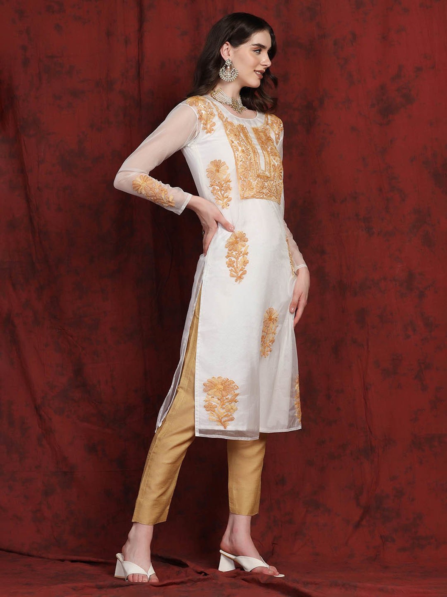 SHADES White & Brown Chikankari Straight Kurta