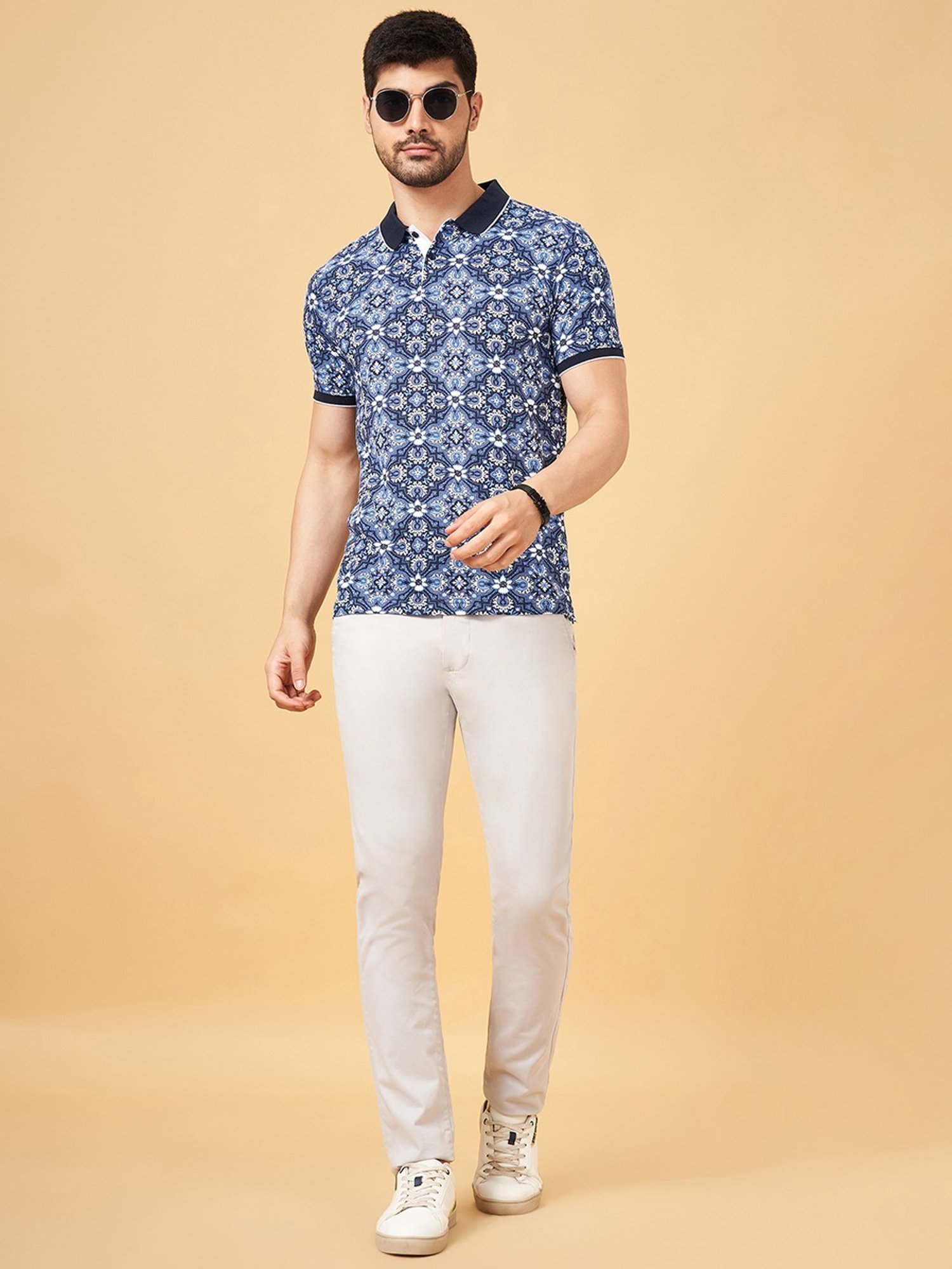 Byford By Pantaloons Navy Slim Fit Printed Polo T-Shirt