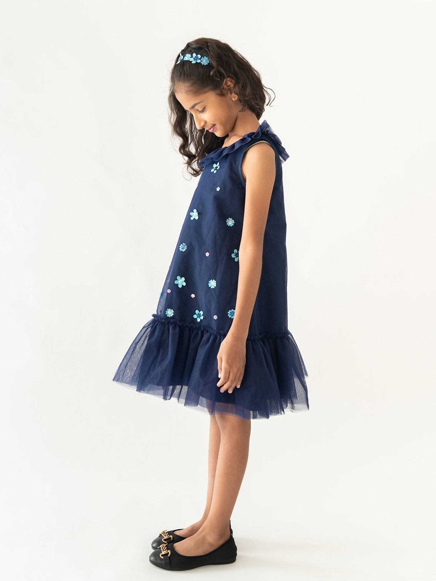 A Little Fable Kids Dark Blue Applique Dress
