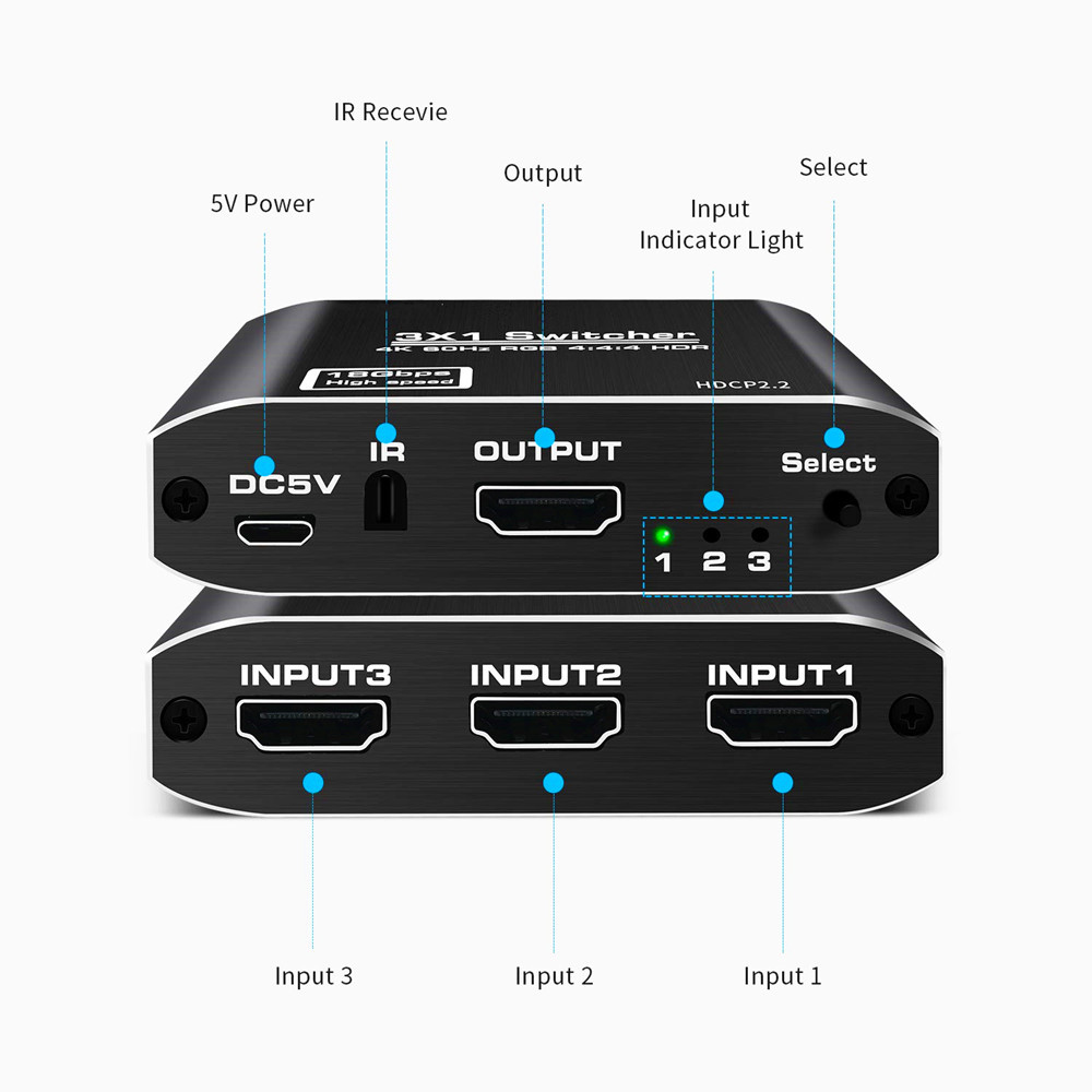 HDMI Switch 4K HDMI Splitter, Nurbenn Aluminum HDMI 2.0 Switch 3 in 1 Out, HDMI Switch with IR Remote Control, Supports HDCP 2.2 4K@60Hz HDR 3D HD1080P, HDMI Switcher for PS4 Xbox Apple TV Fire Stick