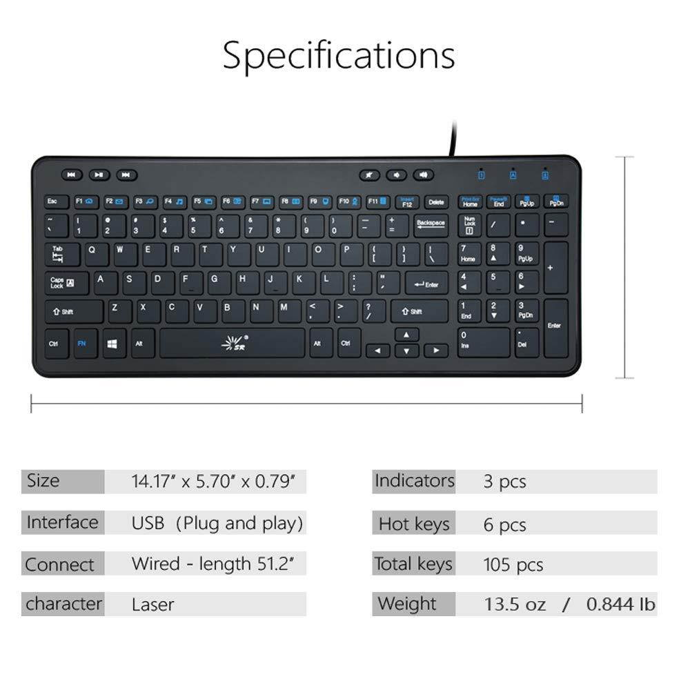 SR Keyboard Wired Thin Light 105 Keys USB Multimedia Full Size for Pc Computer Laptop