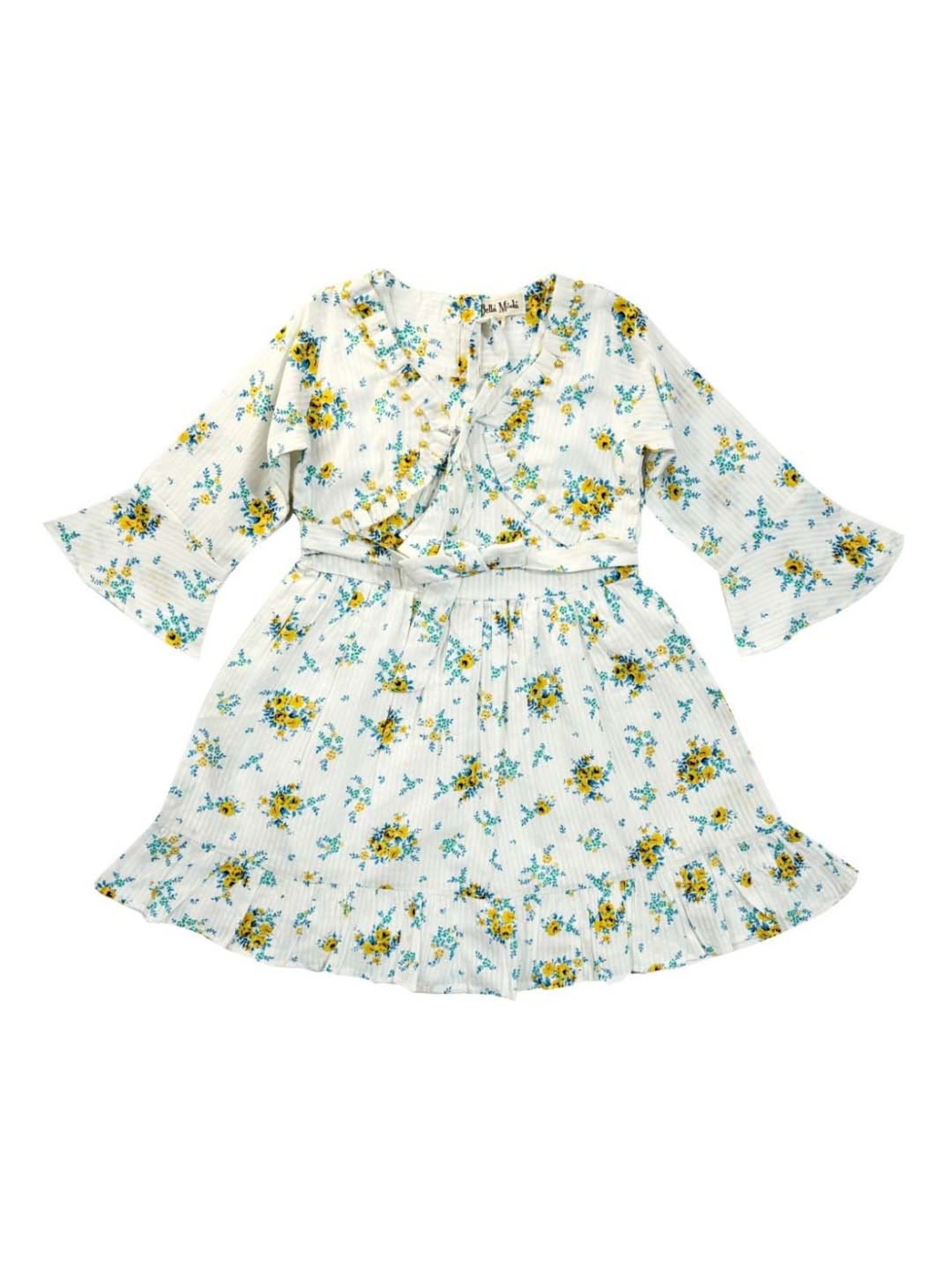 Bella Moda Kids White & Blue Cotton Floral Print Full Sleeves Dress