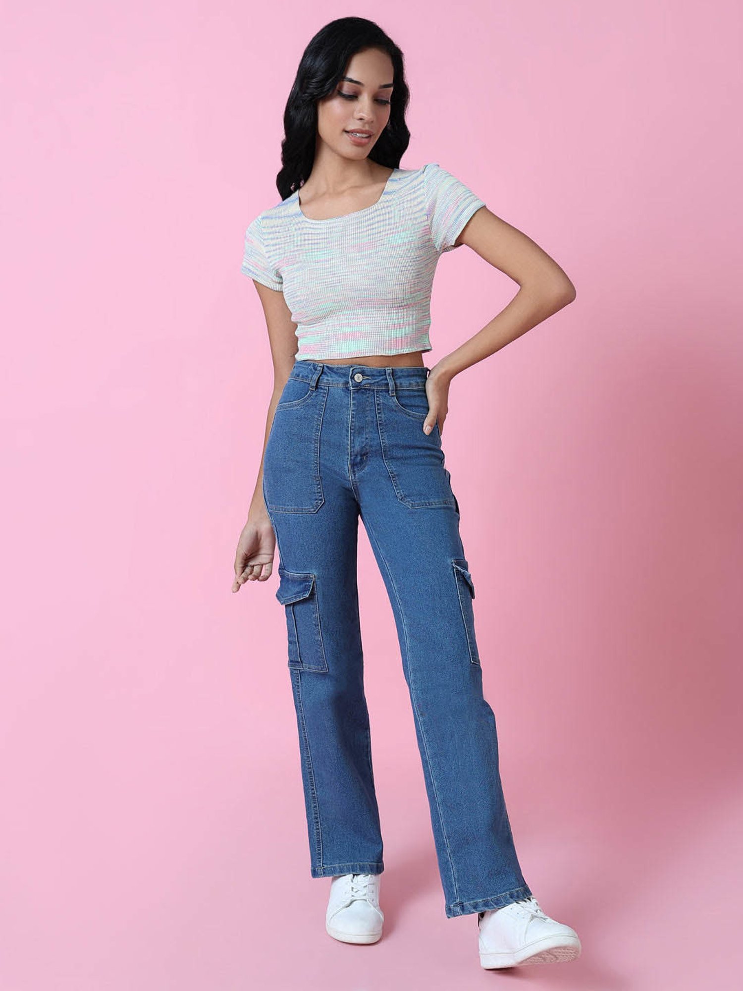 SHOWOFF Green Textured Crop Top