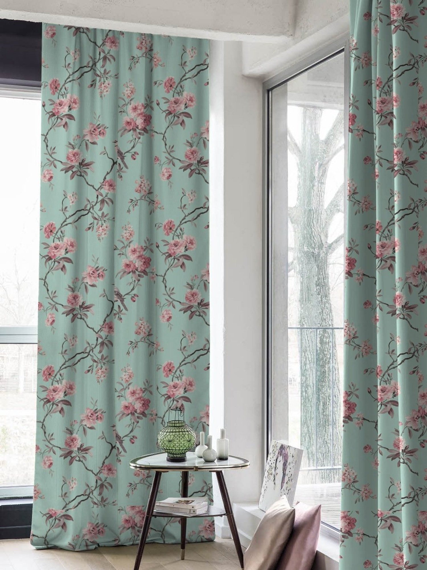 SPACES DRAPE STORY Elegent Teal & Pink Polyester 8 FT Door Curtain - Set of 2