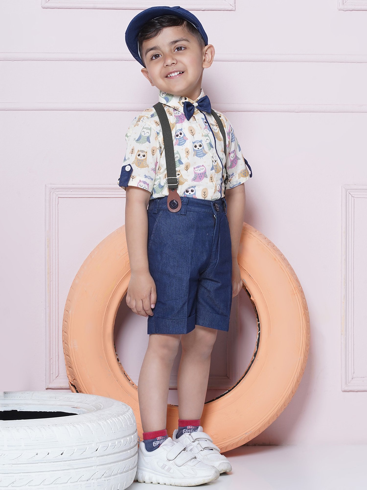 AJ Dezines Kids Blue & White Printed Shirt, Shorts, Suspender, Bow with Cap