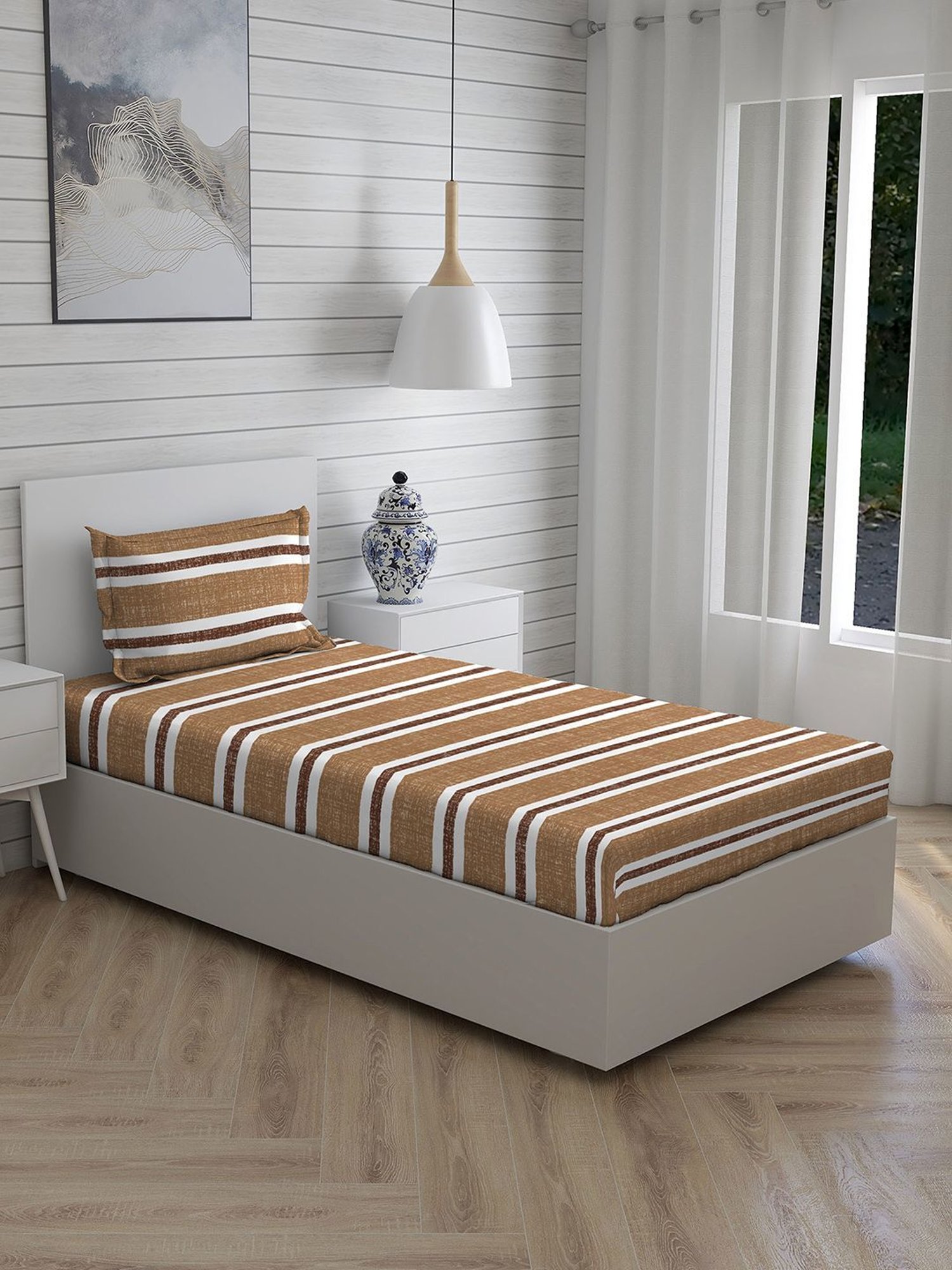 Boutique Living Wizard Stripes Brown 146 TC Cotton Single Bed Sheet with 1 Pillow Cover