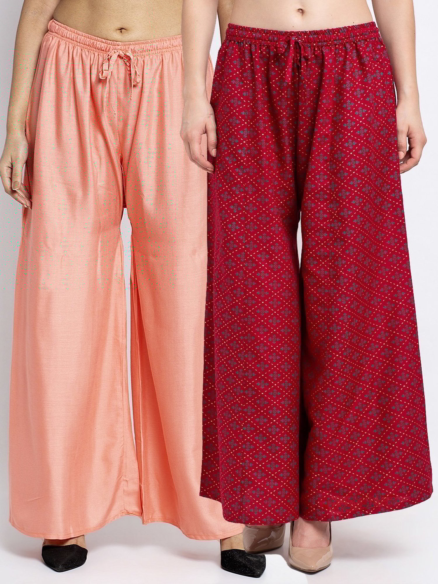 Gracit Maroon & Peach Printed Palazzos - Pack Of 2