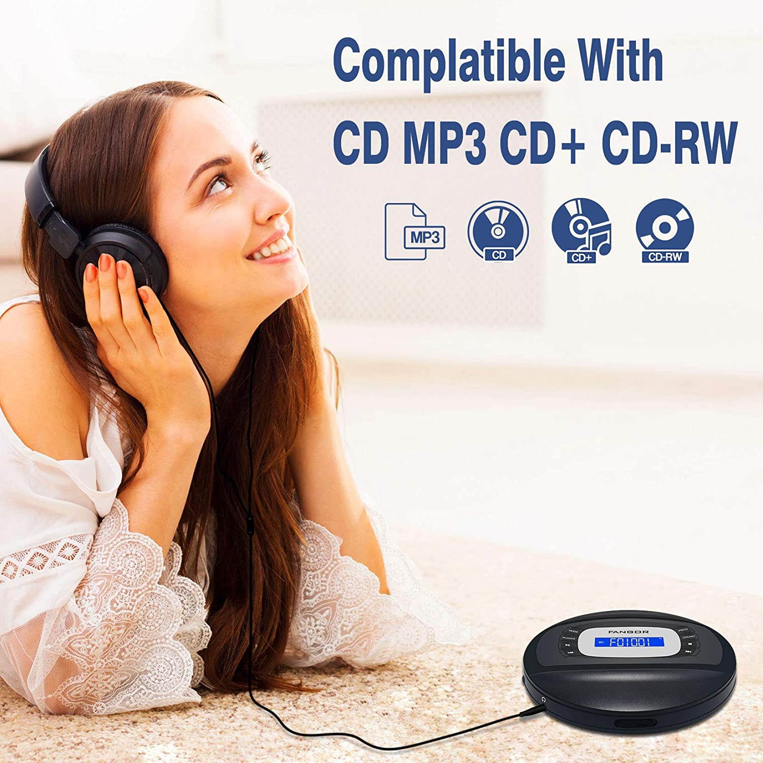 CD Player with Bluetooth Portable CD Player with Headphone, FANGOR Compact Rechargeable CD Player with Anti-Skip/Shock Protection Small CD Walkman for Kids Car and Travel 2021 Upgrade